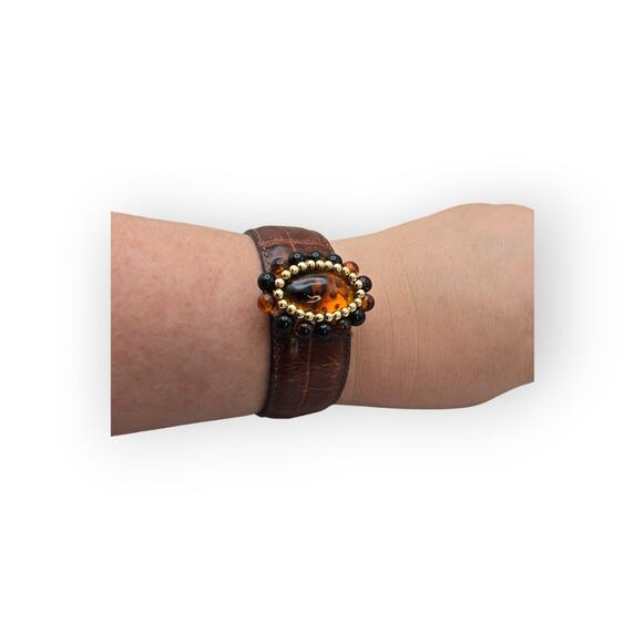 Amber Glass Beaded Center – Brown Faux Leather Wide Cuff Bracelet - Picture 3 of 9